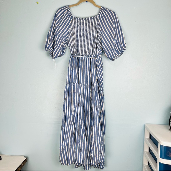 Old Navy Women M Stripe Blue White Midi Wrap Dress Modest Elbow Sleeves Nautical - Picture 6 of 11